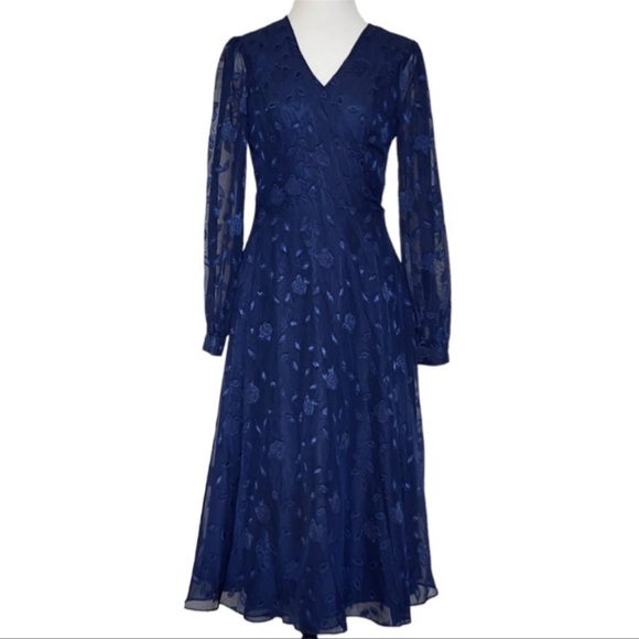 Lulus Evening of Elegance Navy Blue Floral Jacquard Wrap Midi Dress - Picture 4 of 14